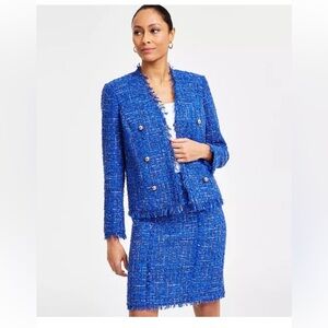 Inc Women's Blue metallic Tweed Jacket & Skirt Set gold button French hem size L